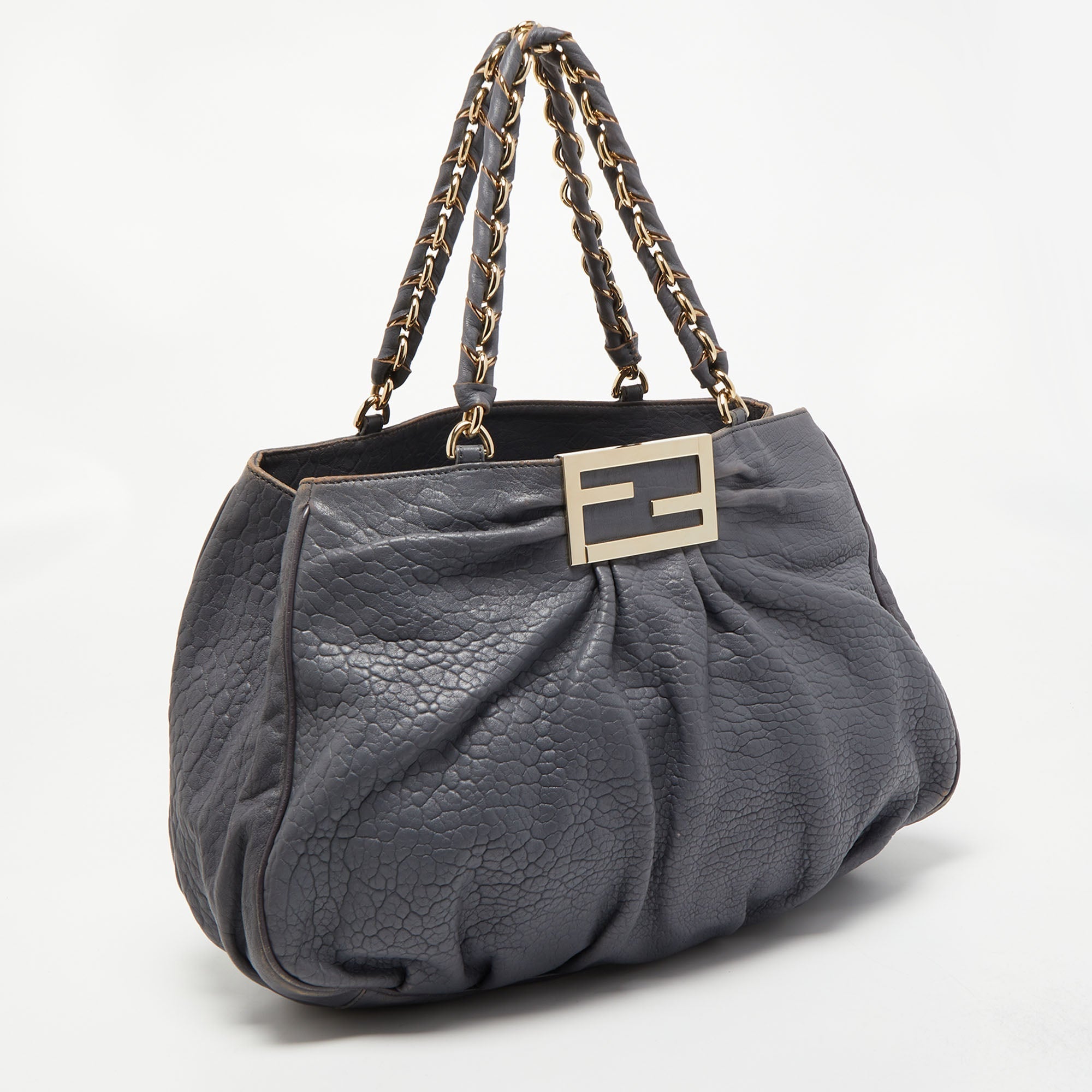 FENDI Light Blue Textured Leather Large Mia Hobo