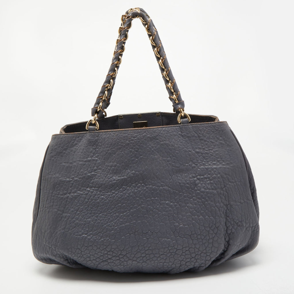 FENDI Light Blue Textured Leather Large Mia Hobo
