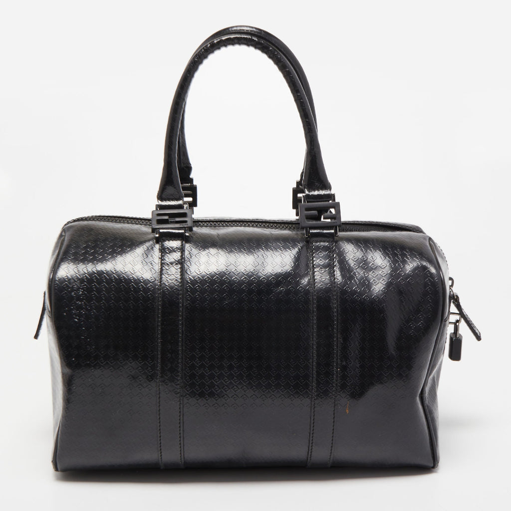 FENDI Black Zucca Embossed Leather Medium Forever Bauletto Boston Bag