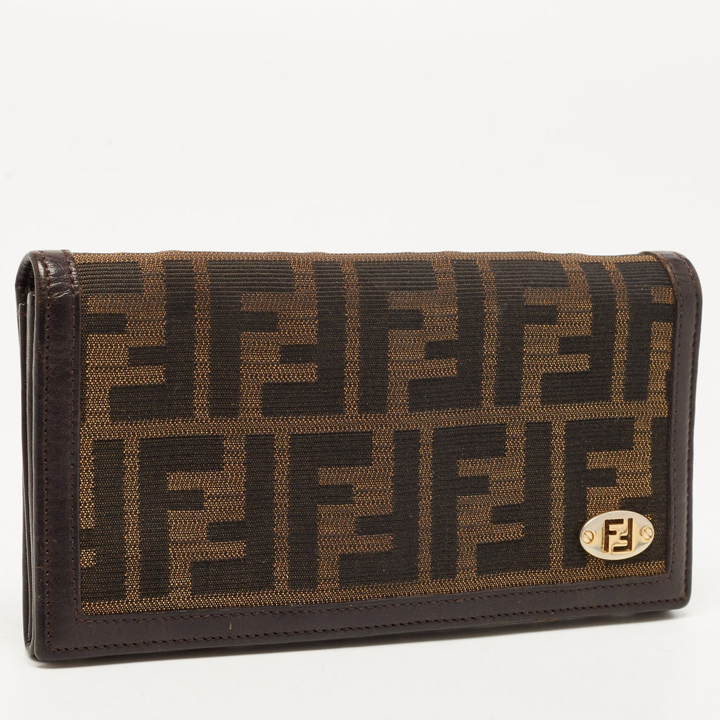 FENDI Tobacco Zucca Canvas and Leather FF Flap Continental Wallet