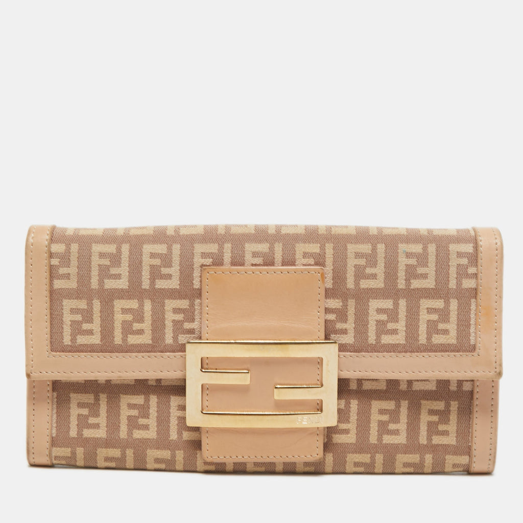 FENDI Light Pink Zucchino Canvas and Leather Forever Flap Continental Wallet