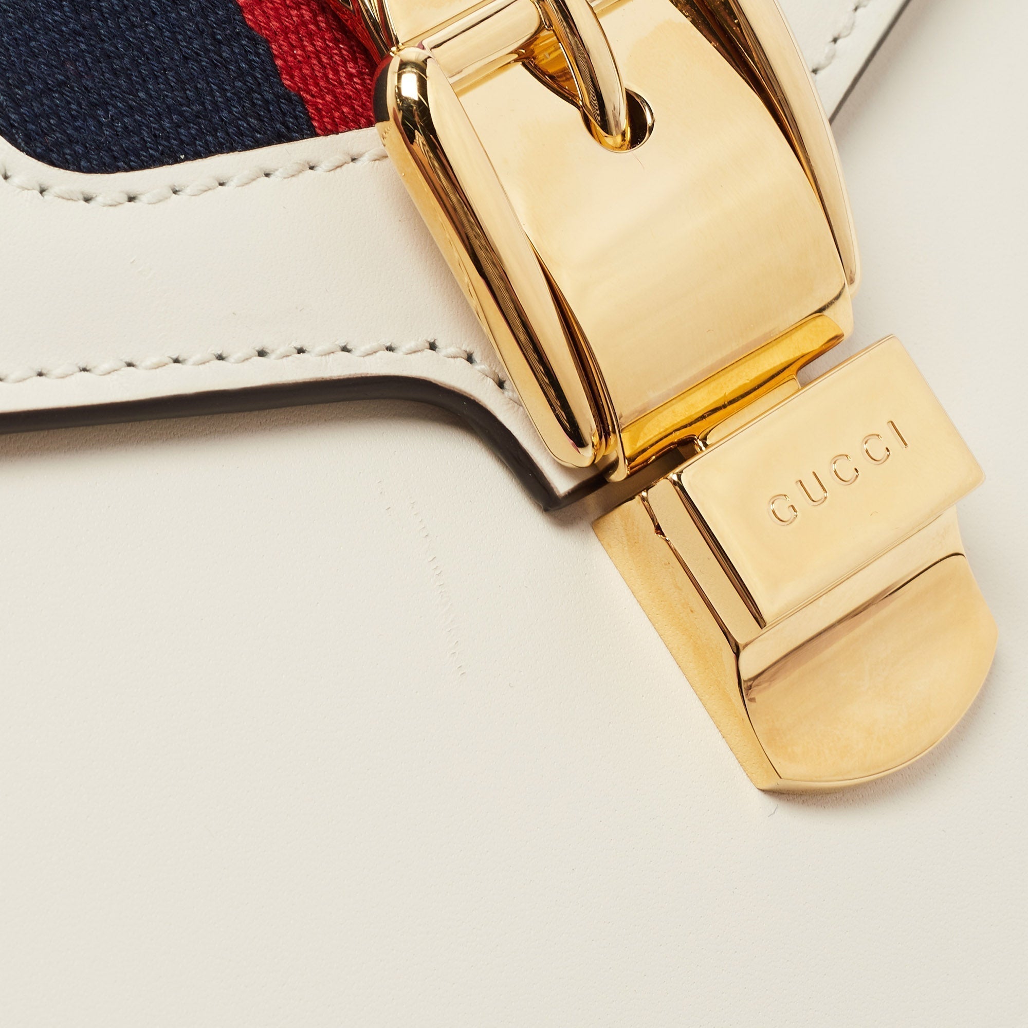 GUCCI White Leather Mini Web Sylvie Top Handle Bag