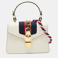 GUCCI White Leather Mini Web Sylvie Top Handle Bag