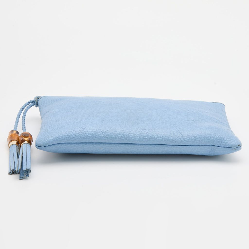 GUCCI Light Blue Leather Bamboo Tassel Clutch