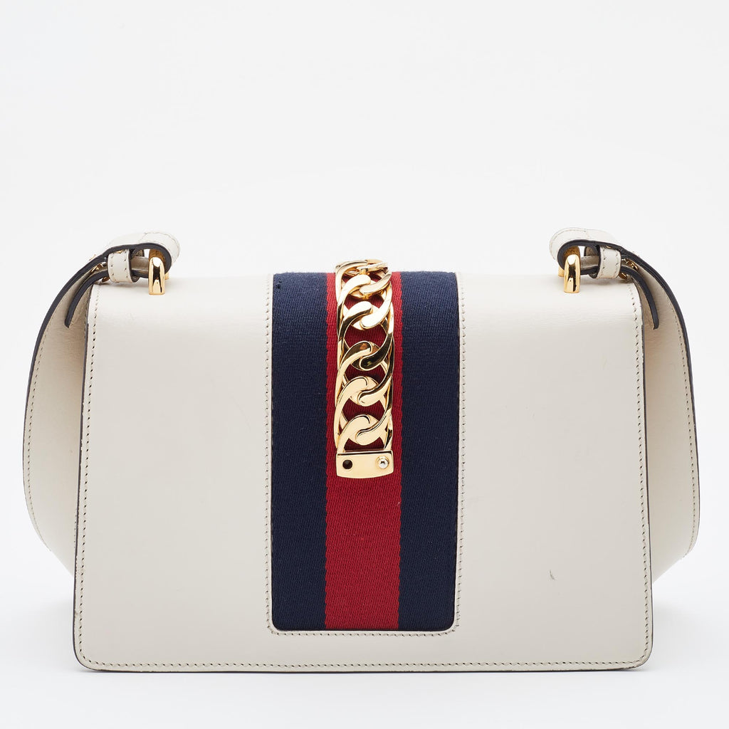 GUCCI Off White Leather Small Web Sylvie Shoulder Bag