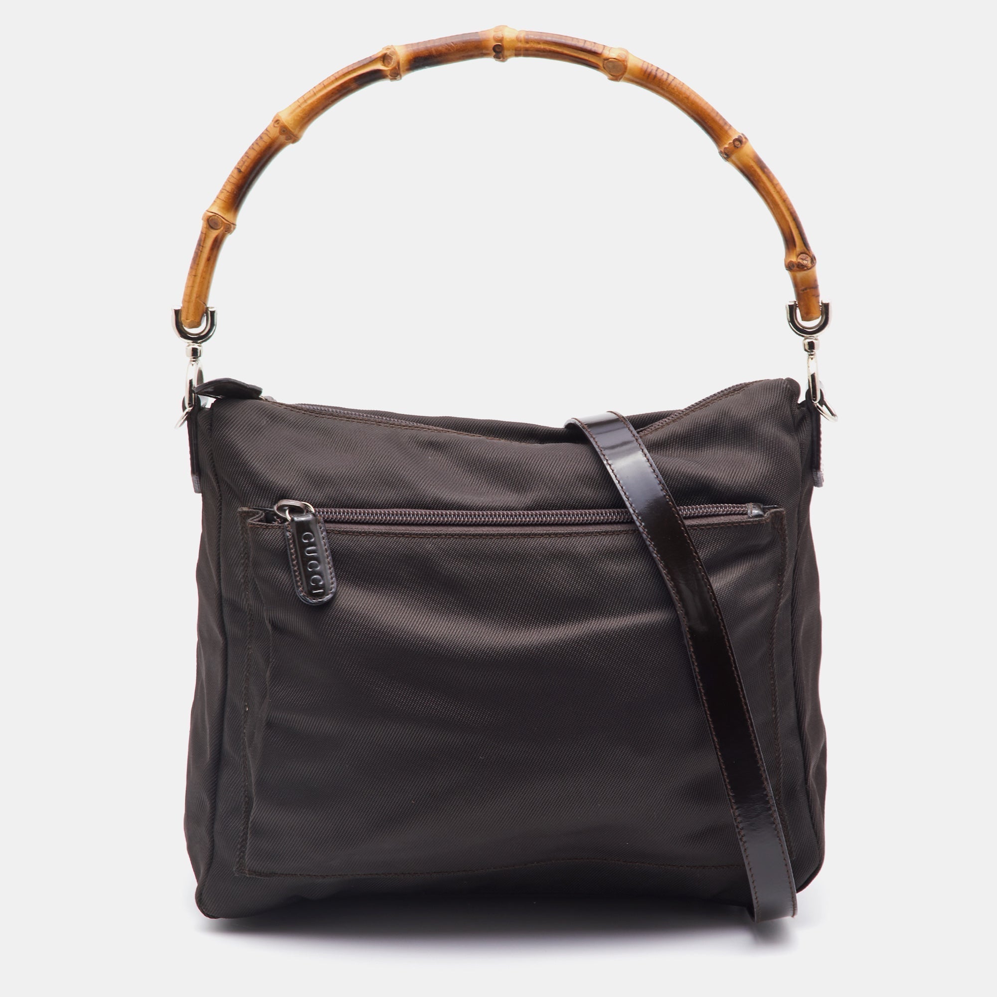 GUCCI Brown Nylon and Leather Bamboo Hobo