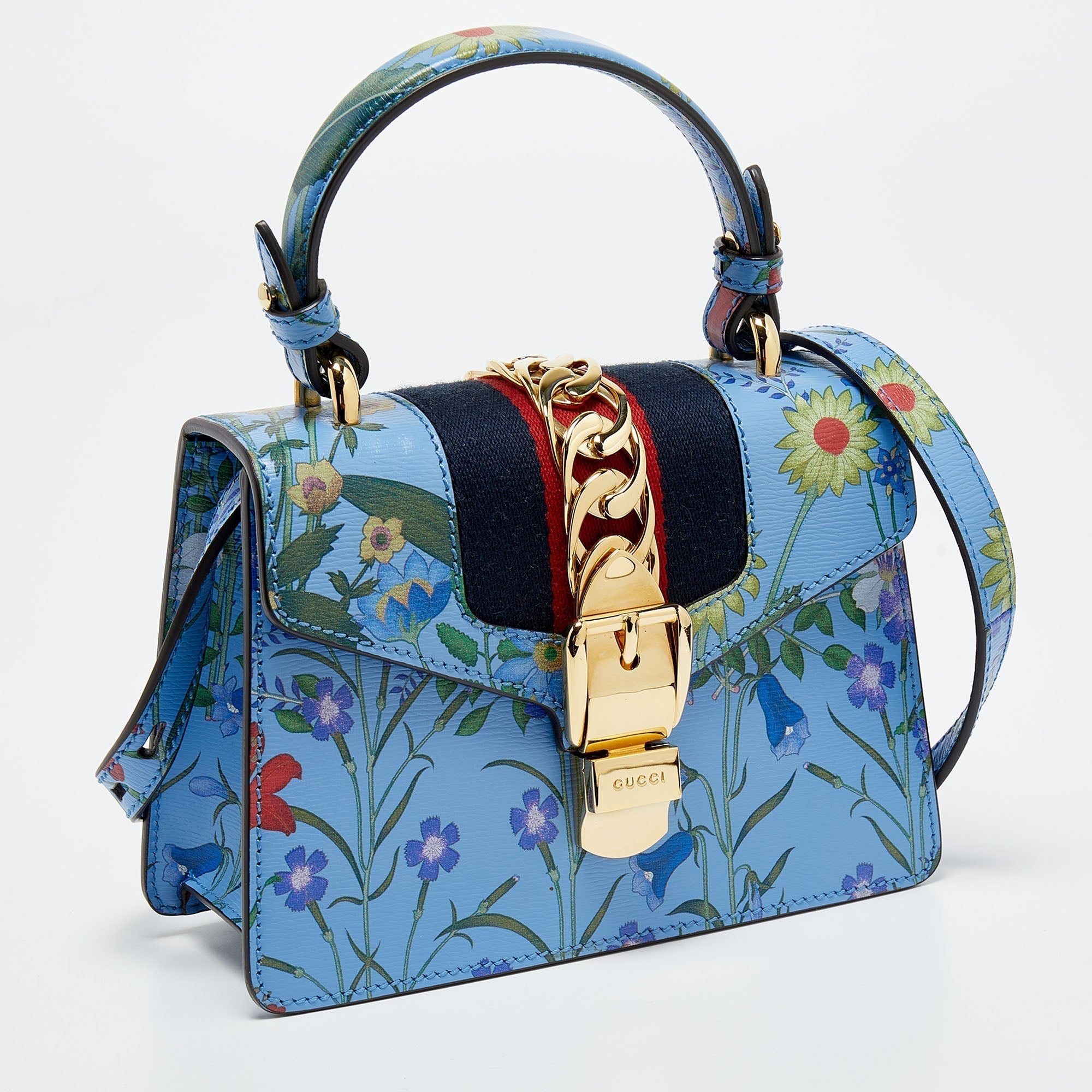 GUCCI Blue Floral Print Leather Mini Web Sylvie Top Handle Bag