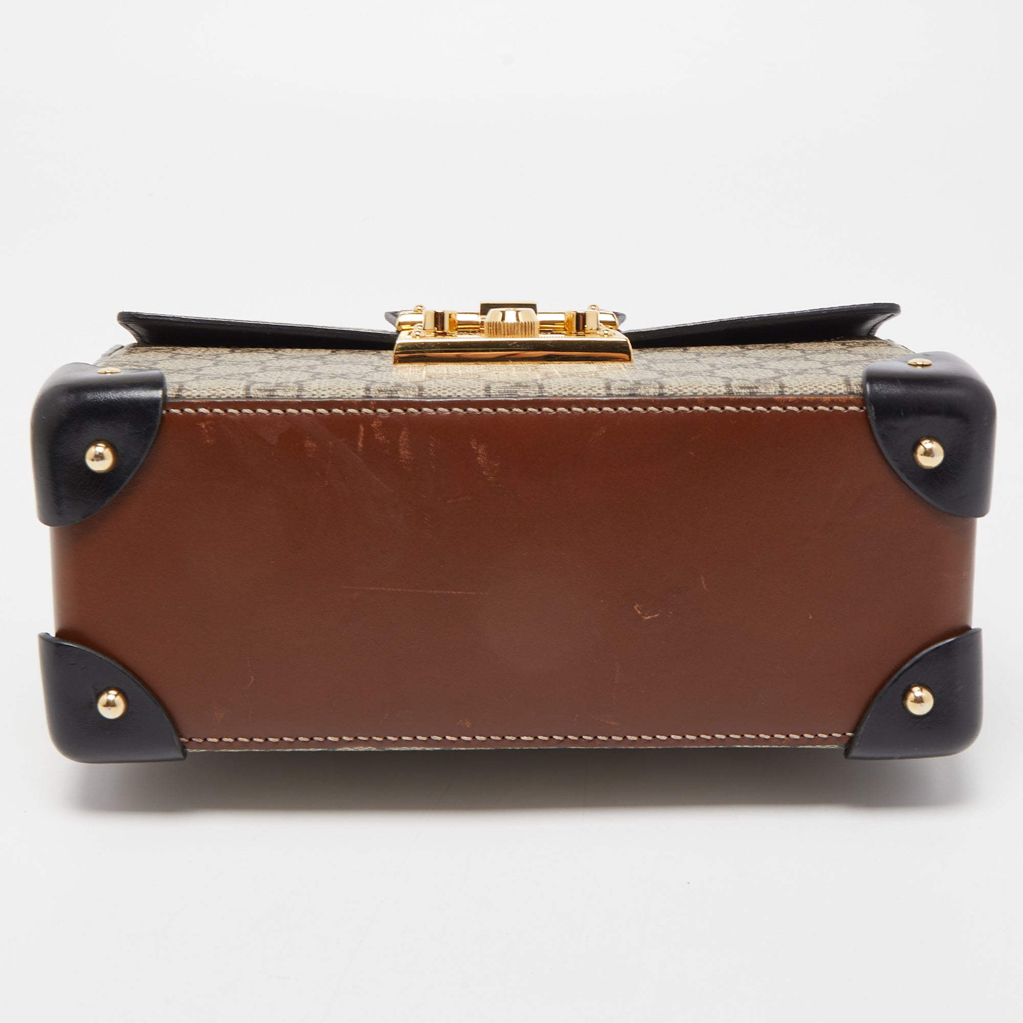 GUCCI Black/Beige GG Supreme Canvas Small Padlock Bamboo Top Handle Bag