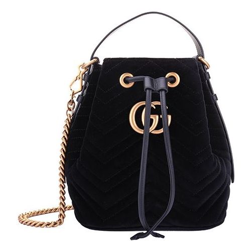 GUCCI GG Marmont Gold Label Logo Velvet Drawstring Bucket Bag Chain Handbag Black 525081-9FRDT-1000