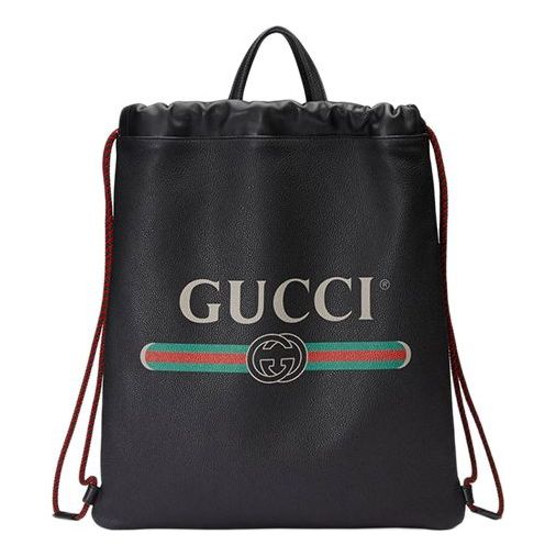 GUCCI Print Retro Logo Printing Leather Drawstring Schoolbag Backpack Unisex Black 494053-0GCBT-8163