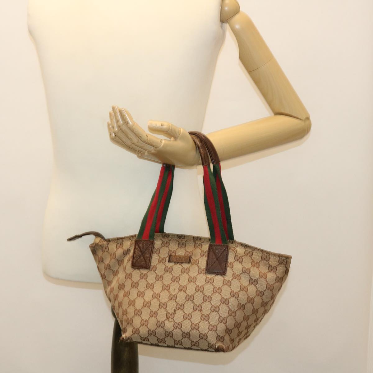 GUCCI Web Sherry Line GG Canvas Hand Bag Beige Green Red 214397  rd4468