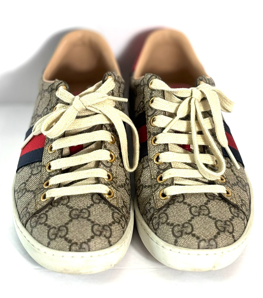 GUCCI GG SUPREME MONOGRAM WOMENS ACE CANVAS SNEAKERS