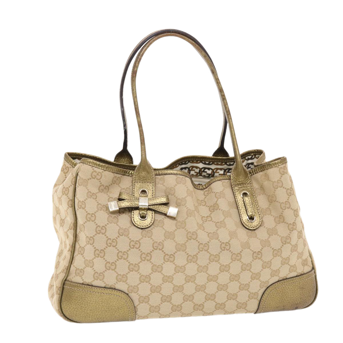 GUCCI GG Canvas Princy Line Tote Bag Leather Gold Tone 163805  tb793