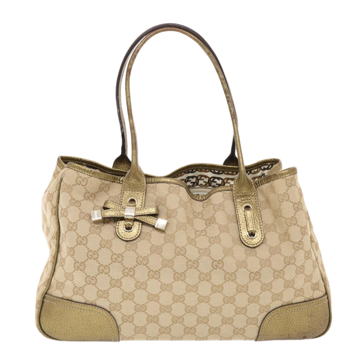 GUCCI GG Canvas Princy Line Tote Bag Leather Gold Tone 163805  tb793