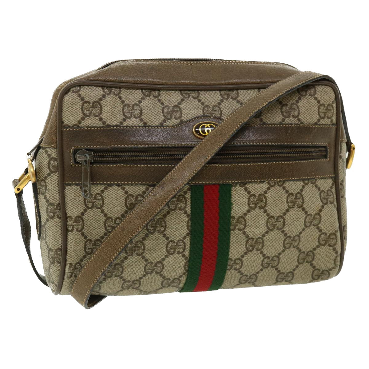GUCCI GG Canvas Web Sherry Line Shoulder Bag Beige Green 98.02.004  yk5881B
