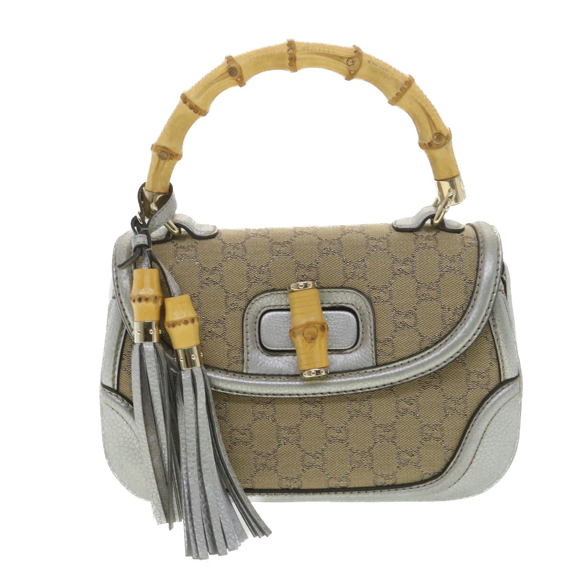 GUCCI GG Canvas Bamboo Hand Bag Beige Silver 254884 Auth yk6106