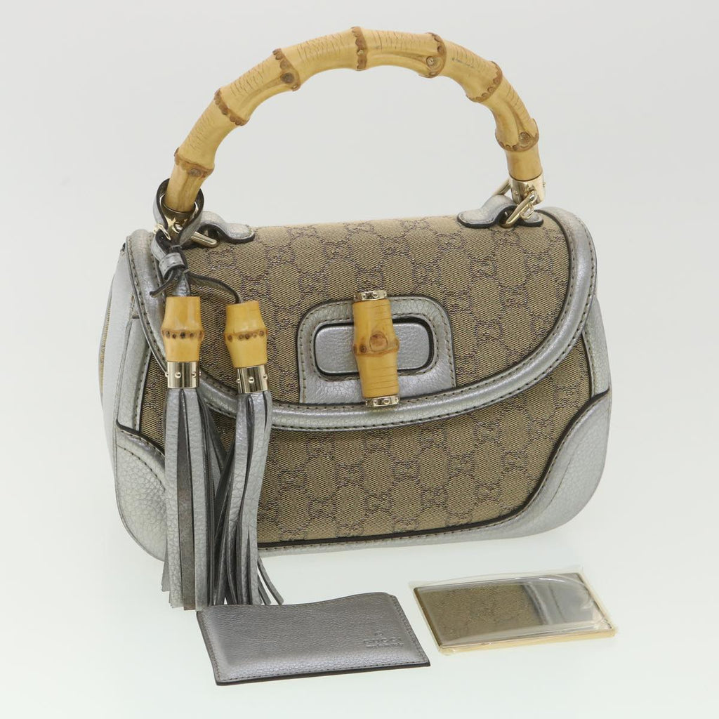 GUCCI GG Canvas Bamboo Hand Bag Beige Silver 254884 Auth yk6106