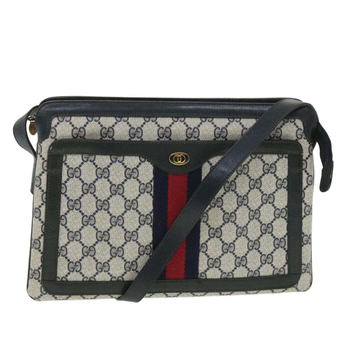 GUCCI GG Canvas Sherry Line Shoulder Bag PVC Leather Gray Red Navy  yk6173B