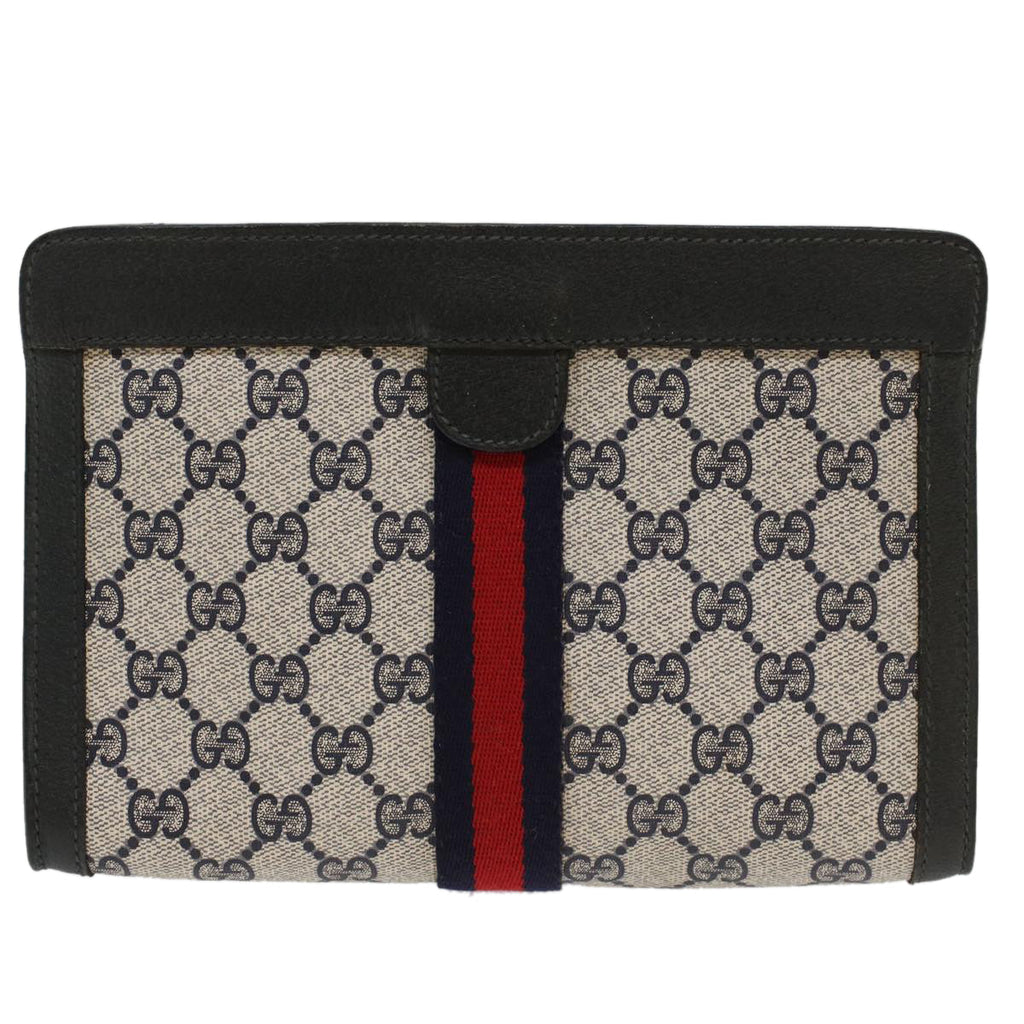 GUCCI GG Canvas Sherry Line Clutch Bag Gray Red Navy 89.01.001  yk7814