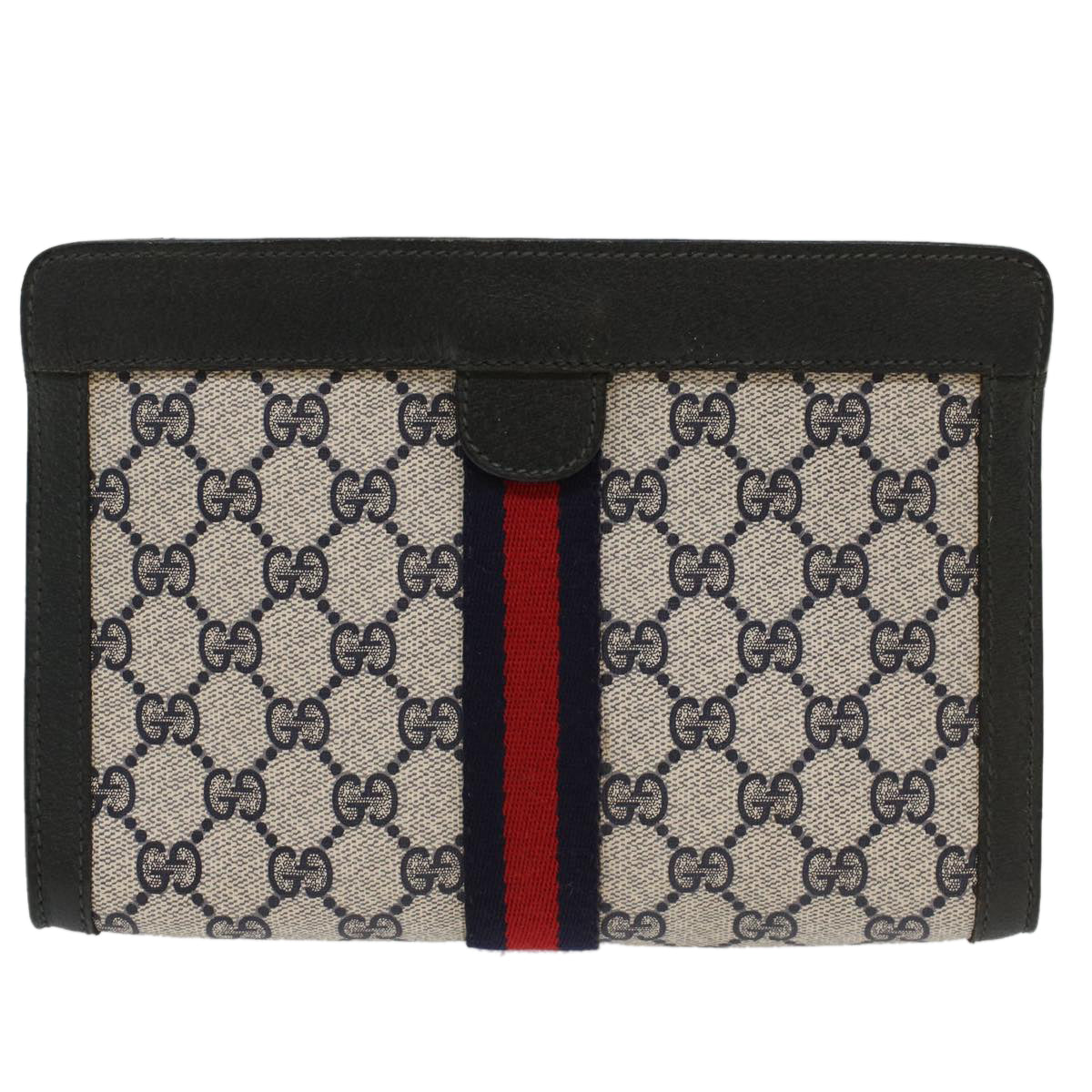 GUCCI GG Canvas Sherry Line Clutch Bag Gray Red Navy 89.01.001  yk7814