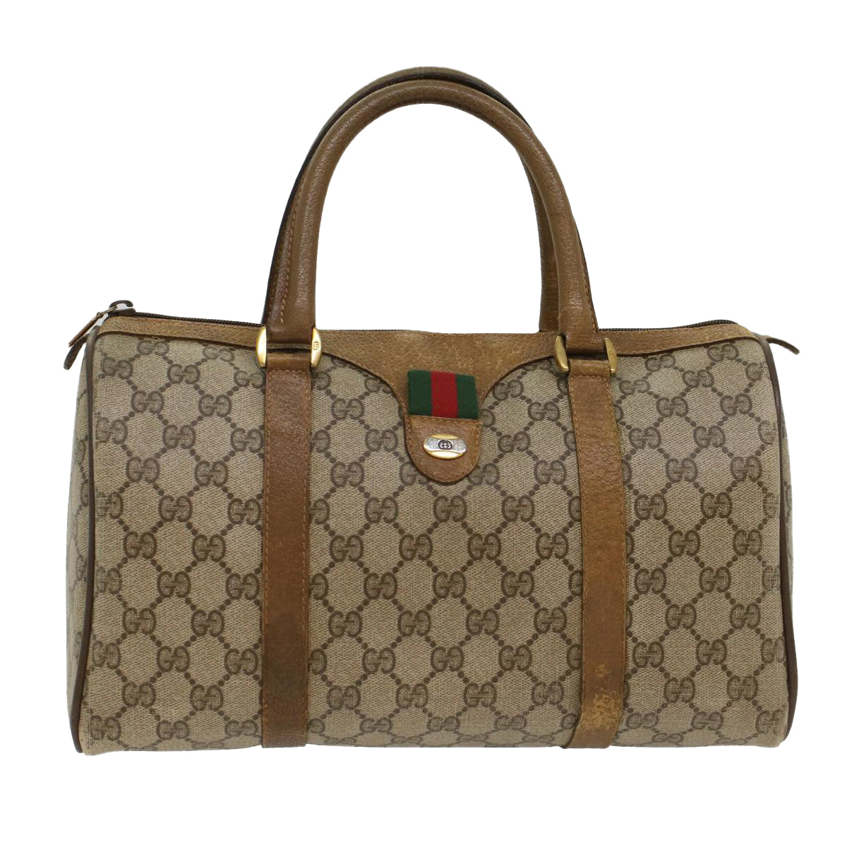 GUCCI GG Canvas Web Sherry Line Boston Bag PVC Leather Beige Green  yk7856