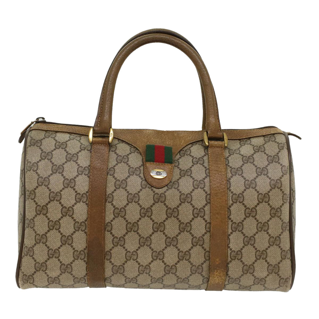 GUCCI GG Canvas Web Sherry Line Boston Bag PVC Leather Beige Green  yk7856