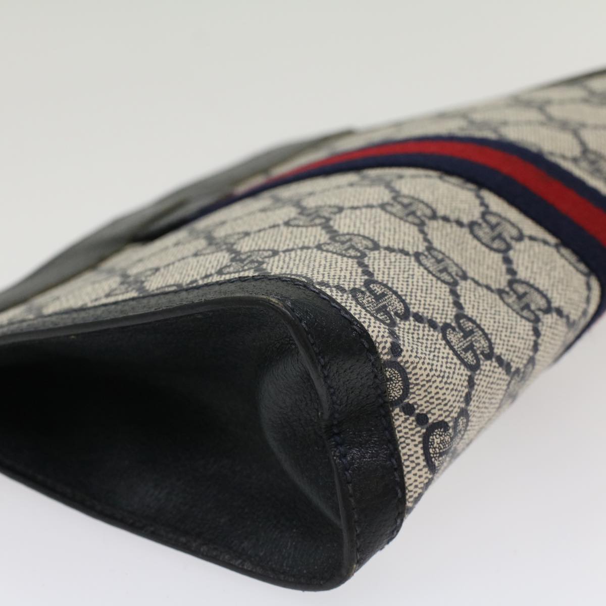 GUCCI GG Canvas Sherry Line Clutch Bag PVC Leather Navy Red  yk7860
