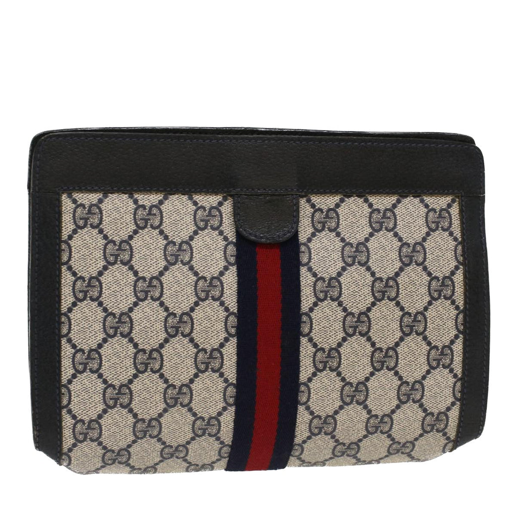 GUCCI GG Canvas Sherry Line Clutch Bag PVC Leather Navy Red  yk7860