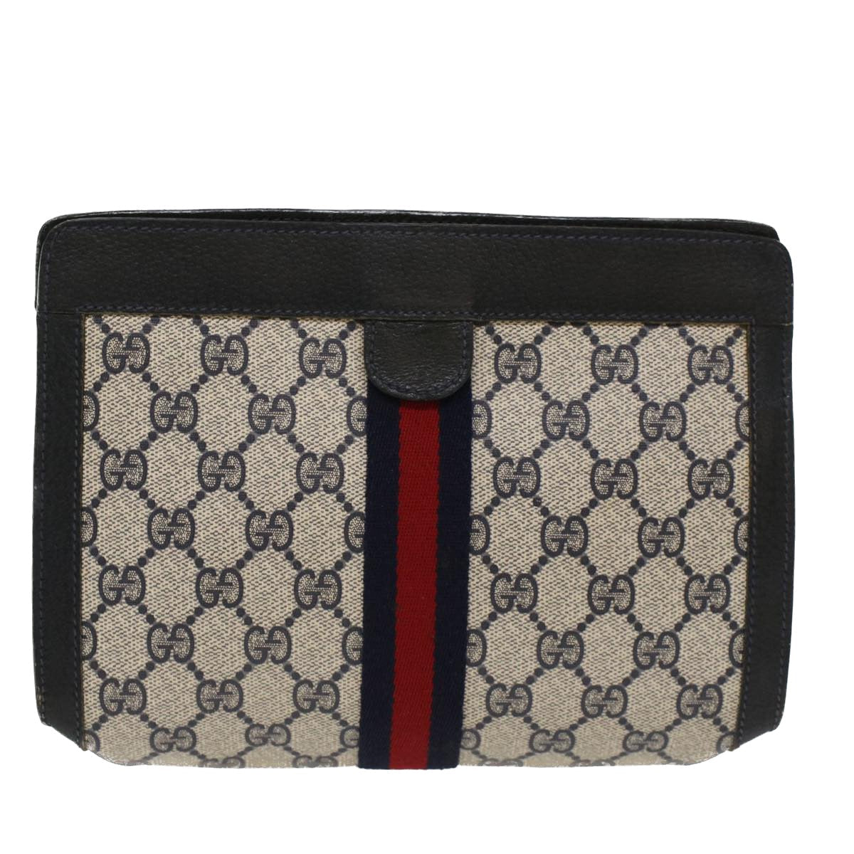 GUCCI GG Canvas Sherry Line Clutch Bag PVC Leather Navy Red  yk7860