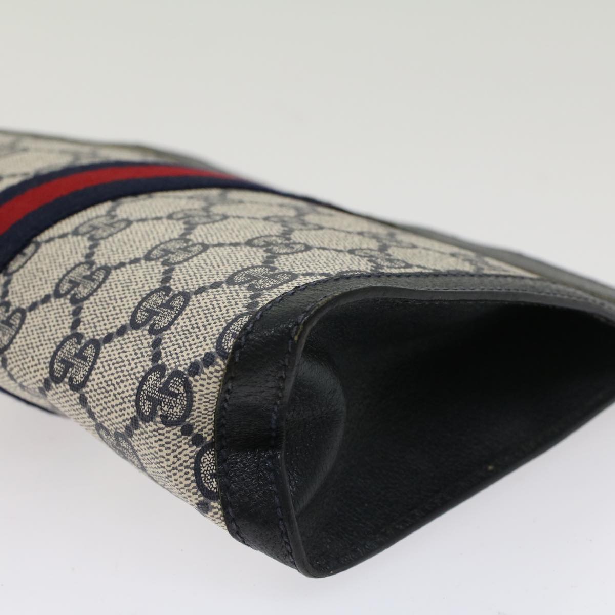 GUCCI GG Canvas Sherry Line Clutch Bag PVC Leather Navy Red  yk7860