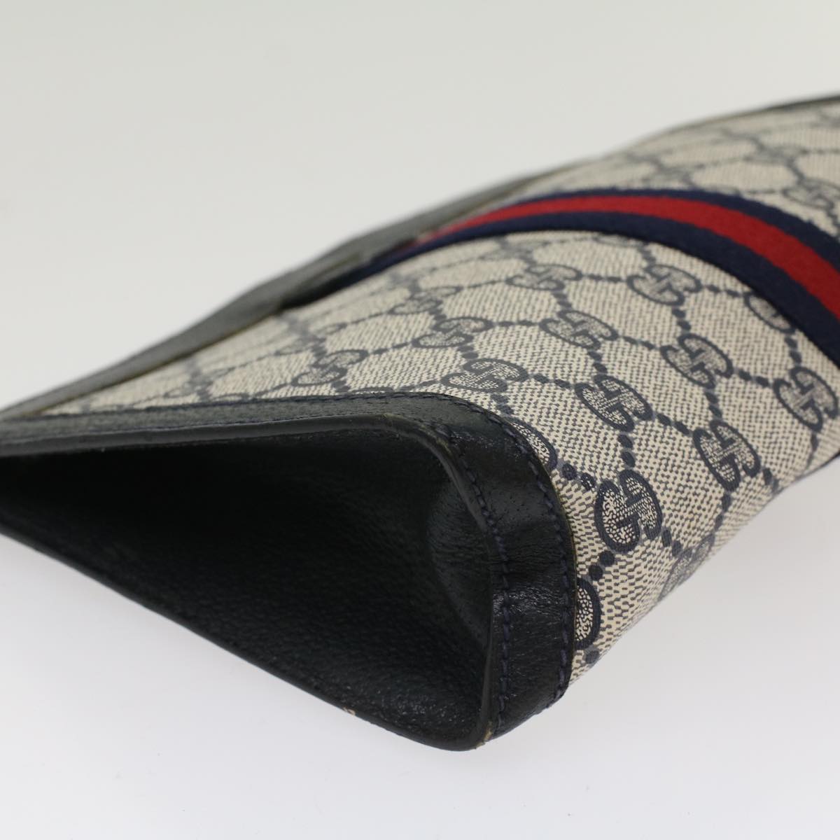 GUCCI GG Canvas Sherry Line Clutch Bag PVC Leather Navy Red  yk7860