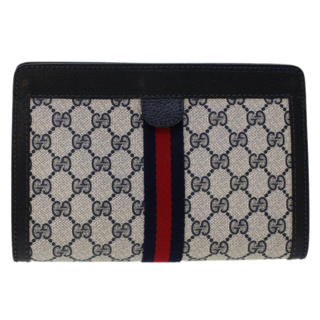 GUCCI GG Canvas Sherry Line Clutch Bag PVC Leather Navy Red  yk7884