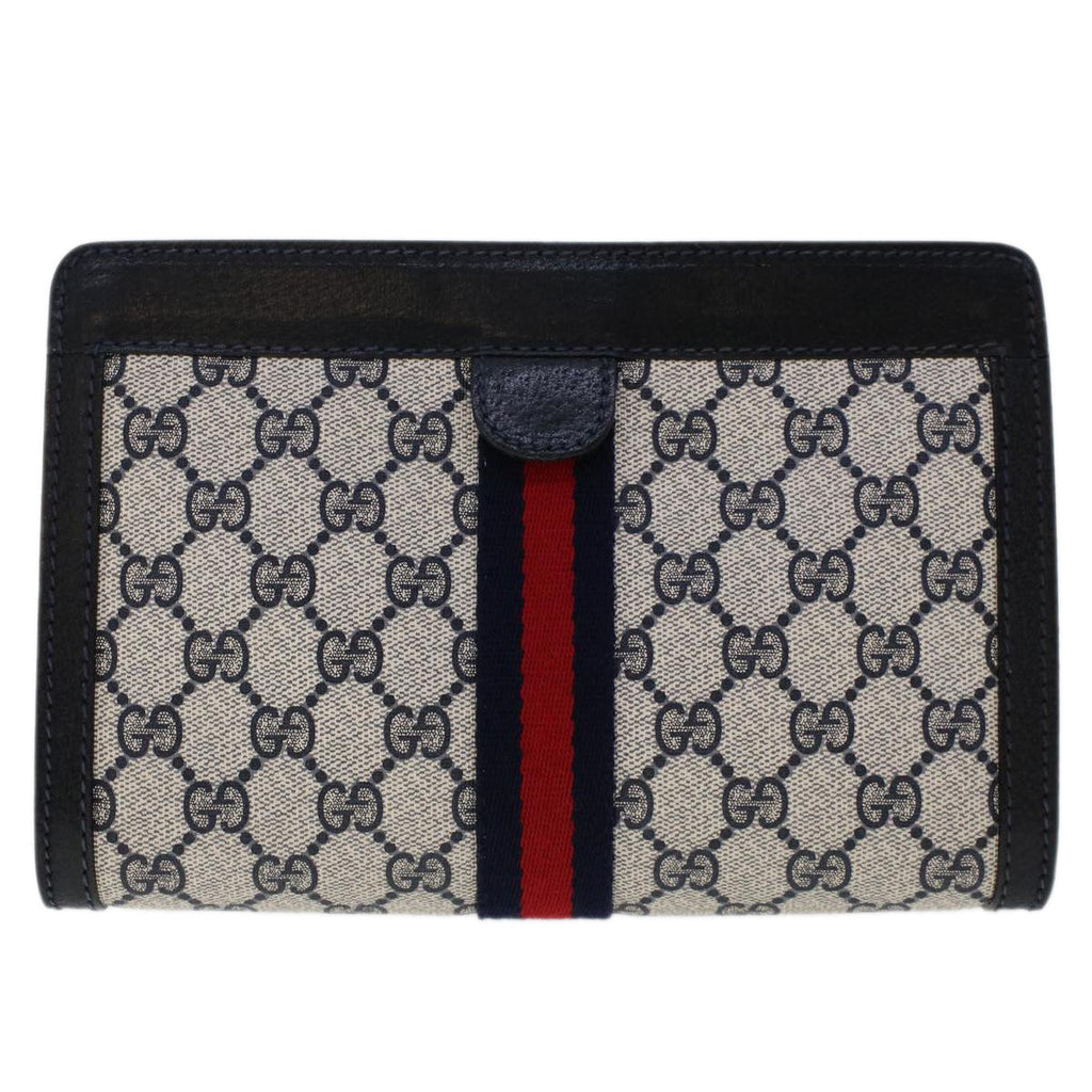 GUCCI GG Canvas Sherry Line Clutch Bag PVC Leather Navy Red  yk7884
