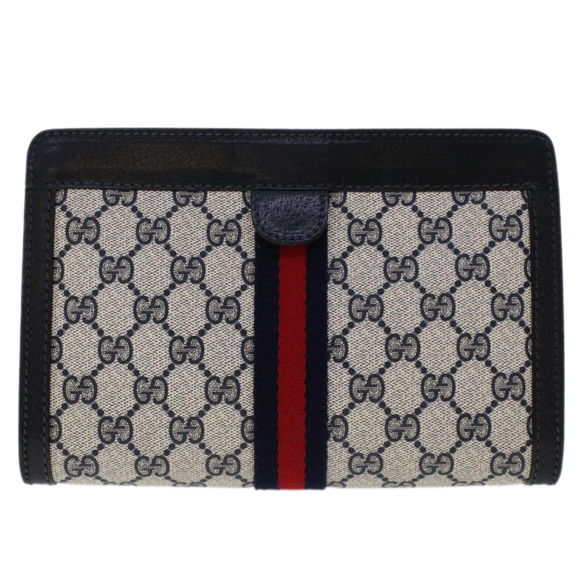 GUCCI GG Canvas Sherry Line Clutch Bag PVC Leather Navy Red  yk7884