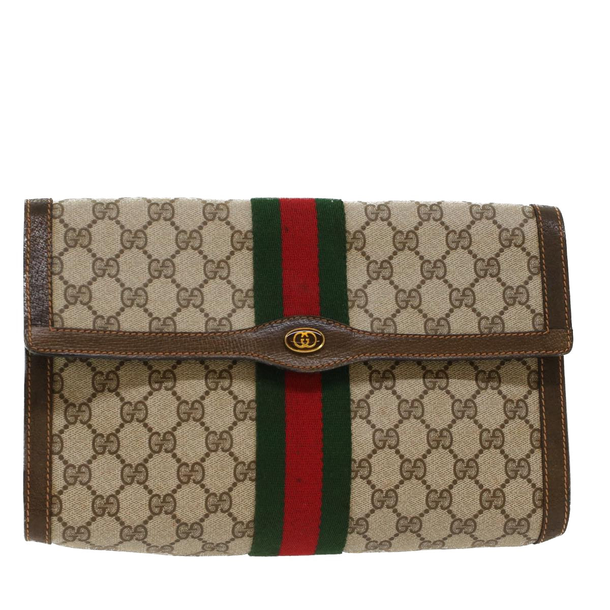 GUCCI GG Canvas Web Sherry Line Clutch Bag Beige Red Green 84.01.007  yk7987