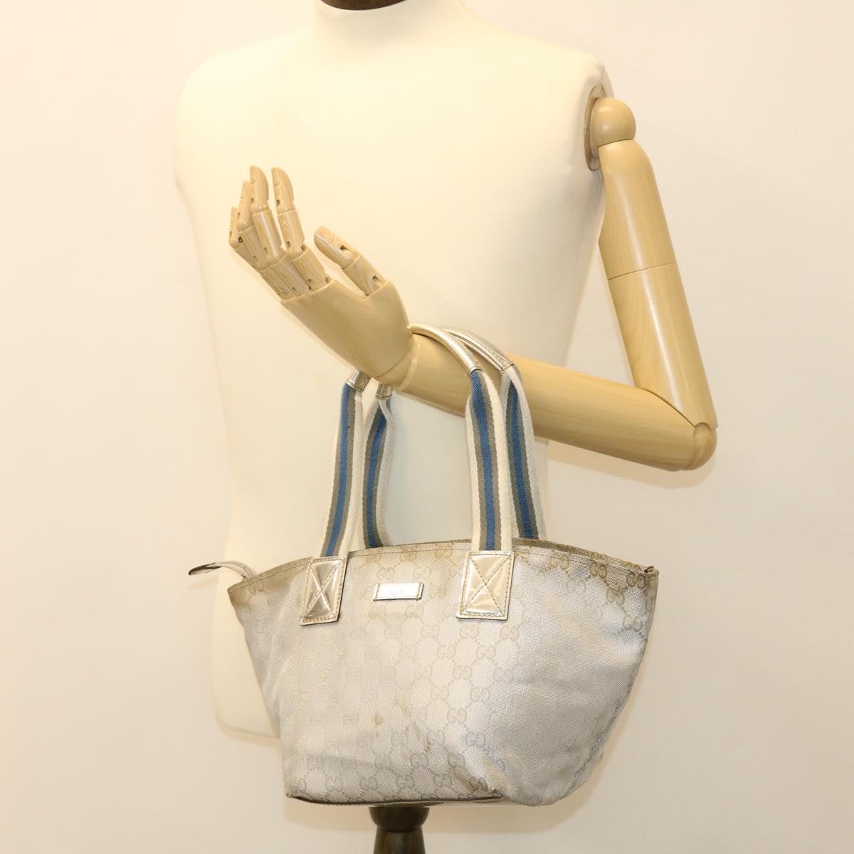 GUCCI GG Canvas Sherry Line Tote Bag Silver Blue gray 131223  yt974